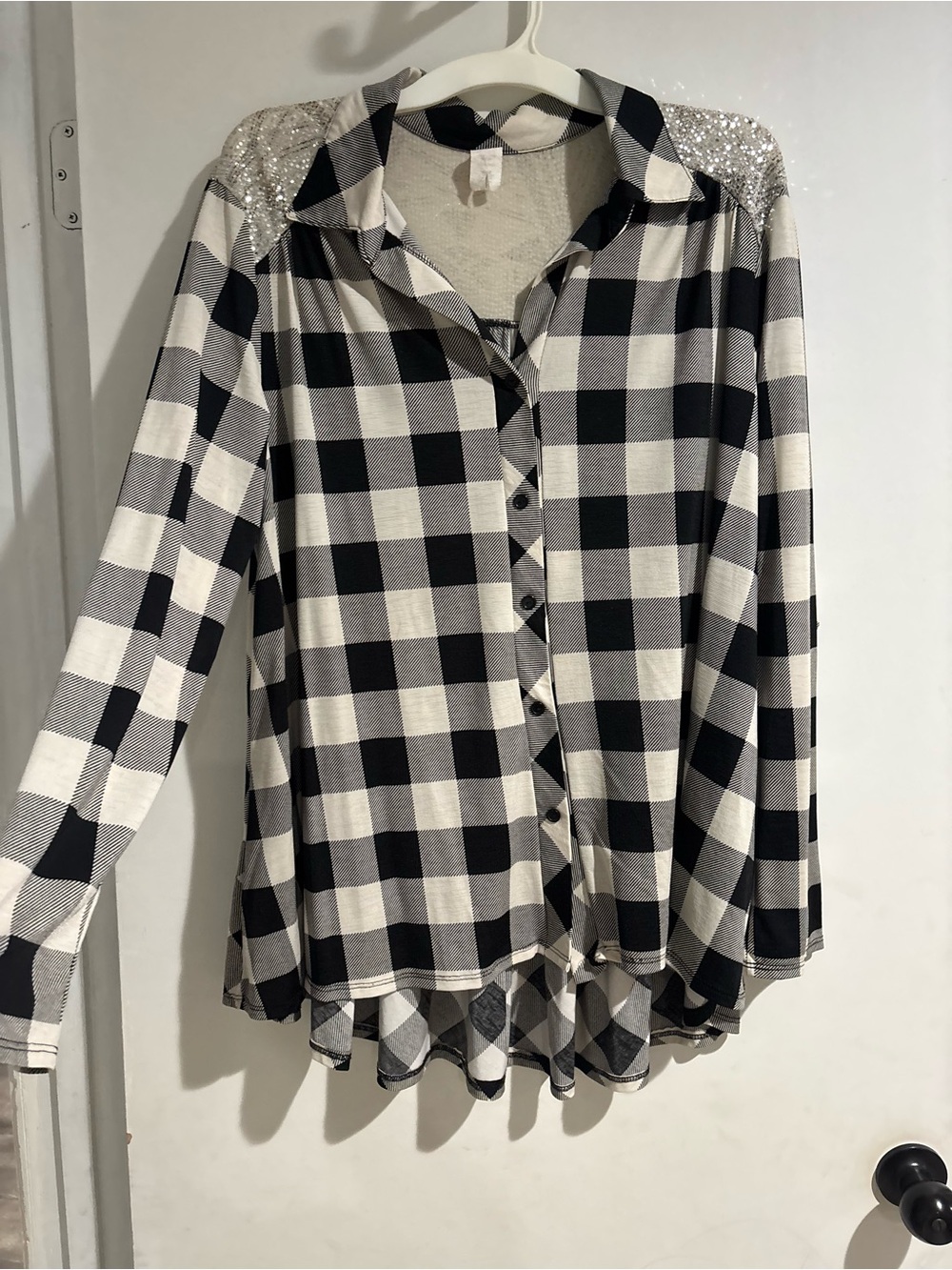 Sequin Shoulder Black & White Plaid Button-Up Shirt - Picture 1 of 4